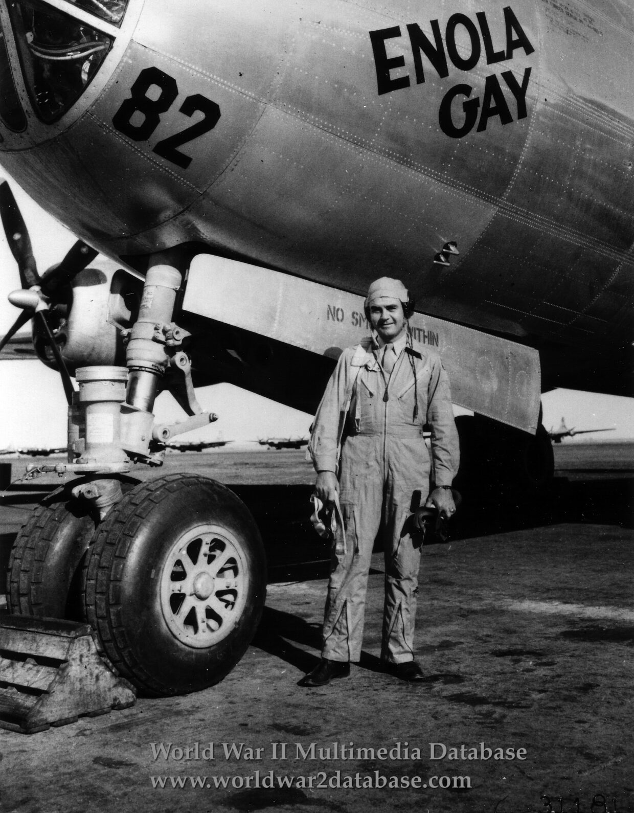 United States Army Air Force Colonel Paul Tibbets in front of the Enola Gay