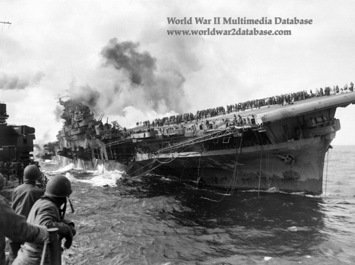 USS Franklin (CV-13) After Bomb Hits off Japan