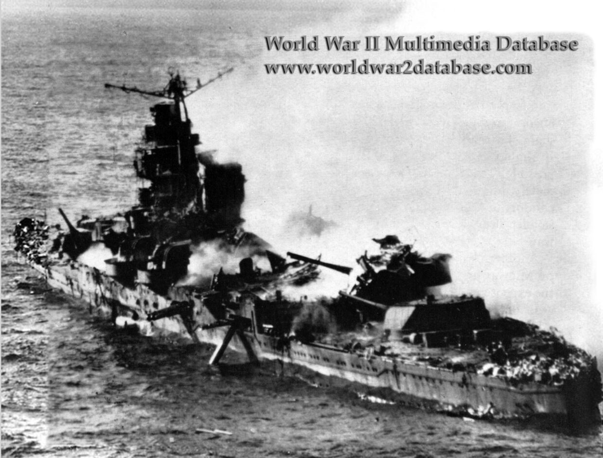Imperial Japanese Navy Cruiser Mikuma Wrecked and Burning
