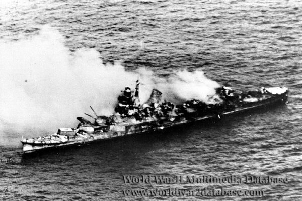 Imperial Japanese Navy Cruiser Mikuma Burning and Abandoned