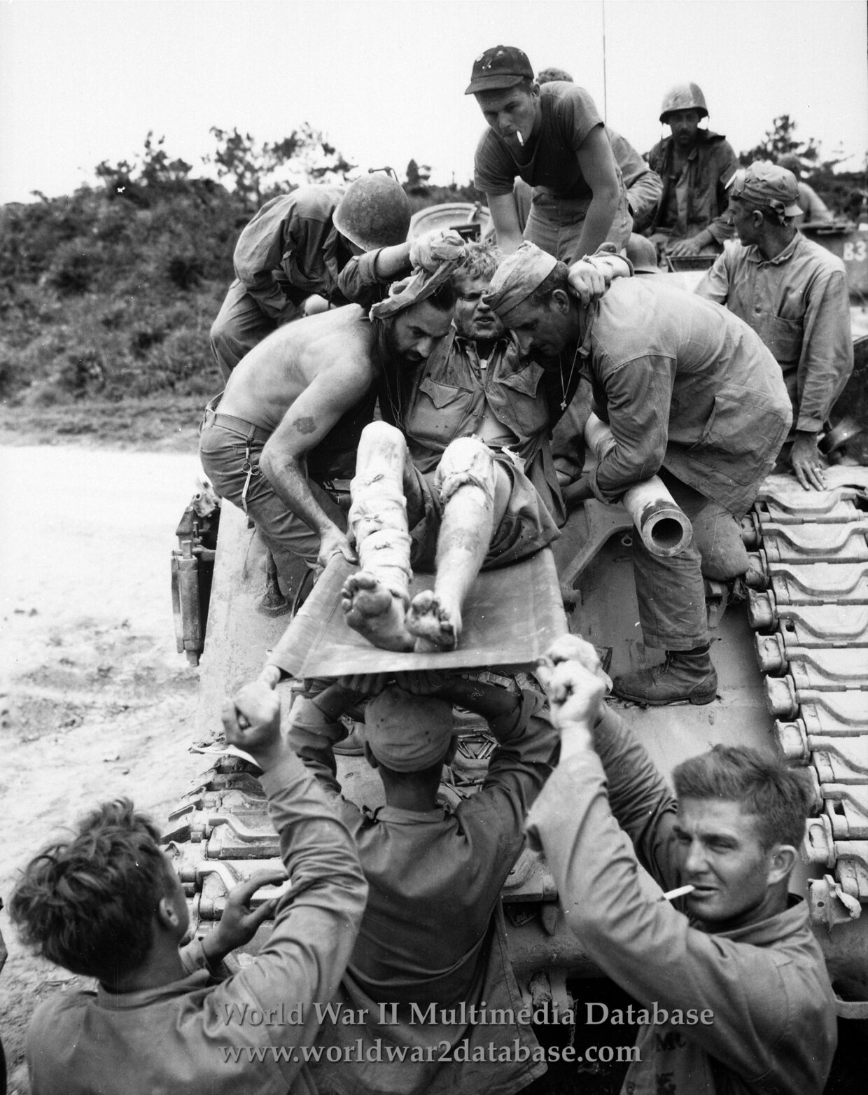 Wounded Marine Removed From M4 Sherman Tank for CASEVAC