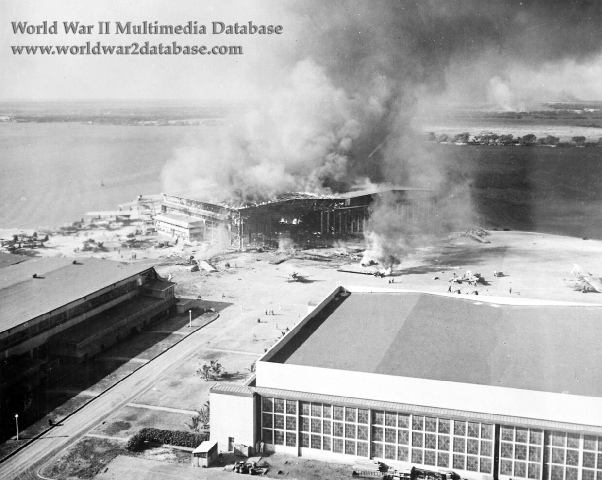 Ford Island Naval Air Station‘s Hangar 6 Burns After Air Attack