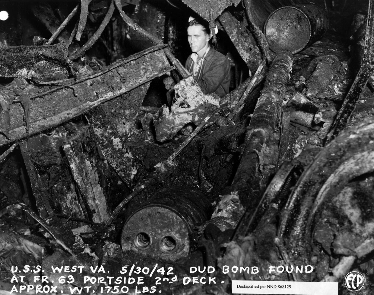 Unexploded Type 99 Number 80 Air-Dropped Shell on USS West Virginia (BB-48)